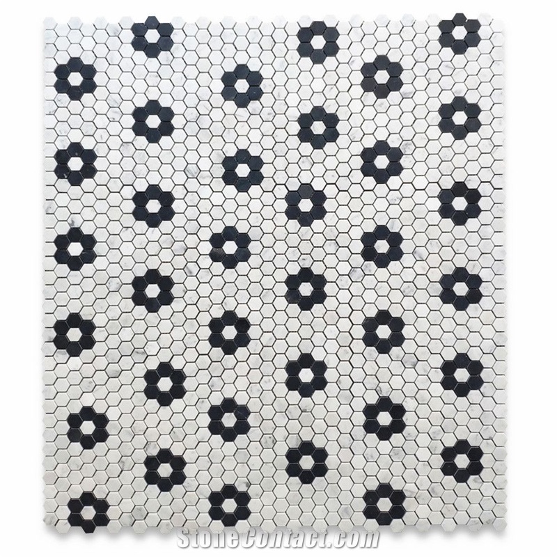 Carrara White Hexagon W Black Rosette Mosaic Pattern Tile from China