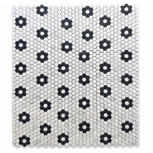 Carrara White Hexagon W Black Rosette Mosaic Pattern Tile