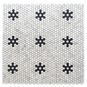 Carrara White Hexagon W Black Snowflake Mosaic Pattern
