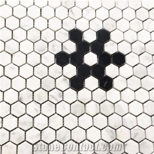 Carrara White Hexagon W Black Snowflake Mosaic Pattern