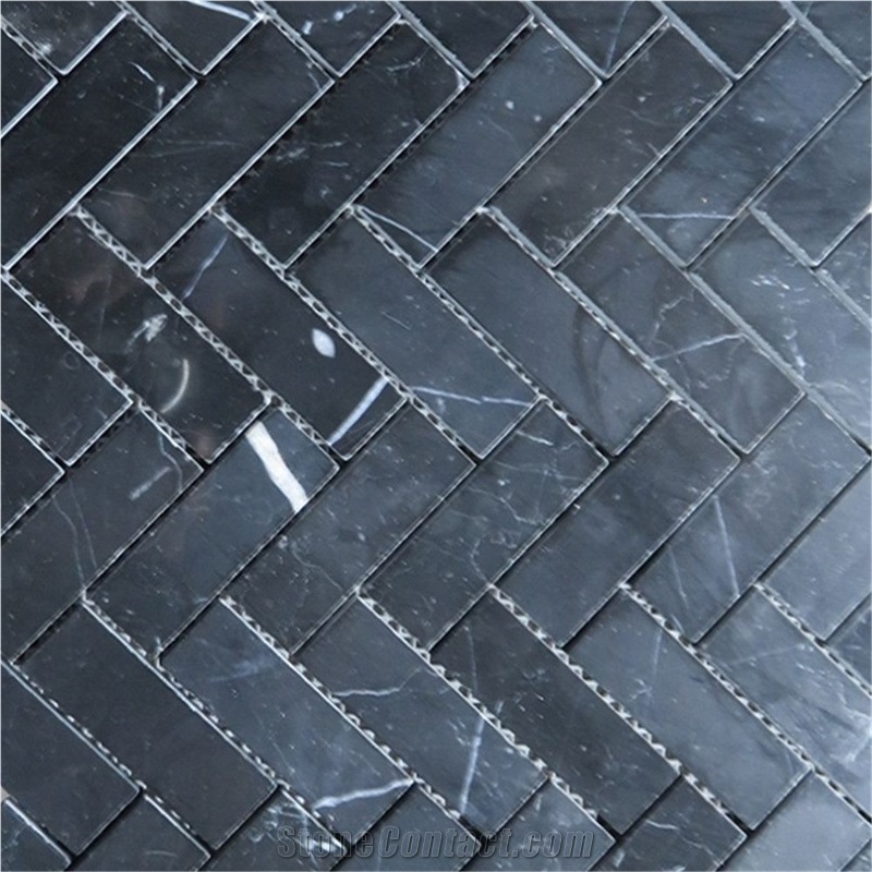 Nero Marquina Black Marble 1x3 Herringbone Mosaic