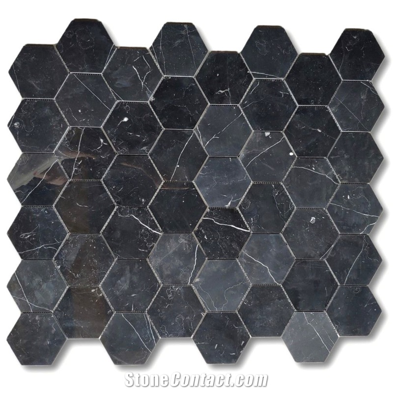 Nero Marquina Black Marble 5 Inch Hexagon Mosaic