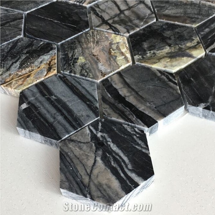 Black Wooden Marble Hexagon Type Mosaic Tiles