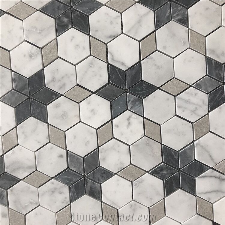 Hexagon Design White and Black Marble Mosaic