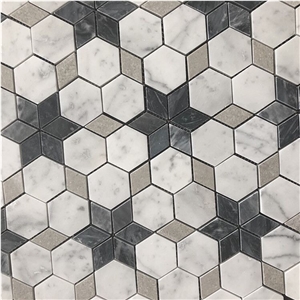 Hexagon Design White and Black Marble Mosaic