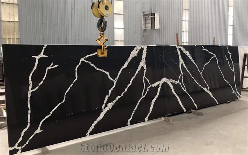 Dark Black Carrara Quartz Stone Kitchen Countertop