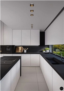 Polished Black Pure Color Quartz Stone Kitchen Countertop