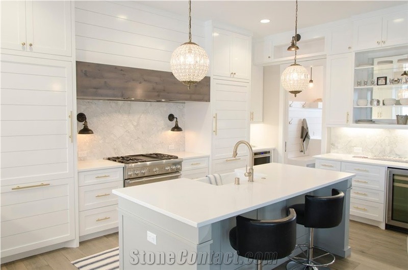 White Pure Color Quartz Stone Kitchen Countertop
