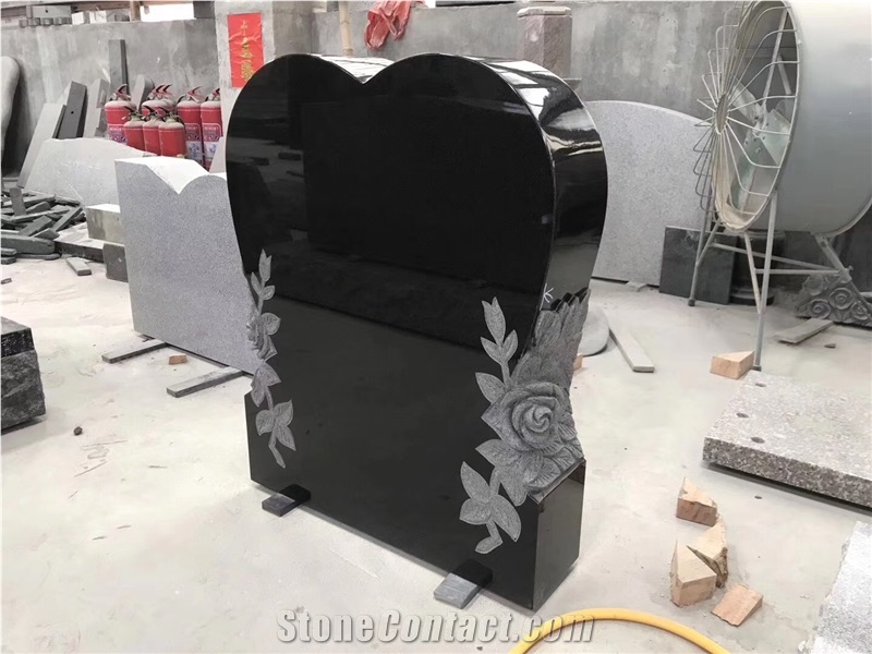 China Absolute Shanxi Black Granite Gravestone with Handcarved Flower Design