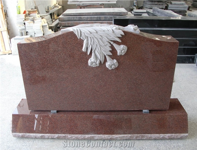 Indian Red Granite Flower Carved Tombstone / Headstone