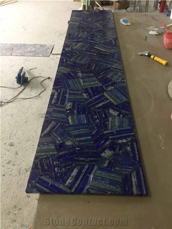 Blue Lapis Lazuli Agate Stone Bar Countertop,Commercial Backlit Reception Counter Top
