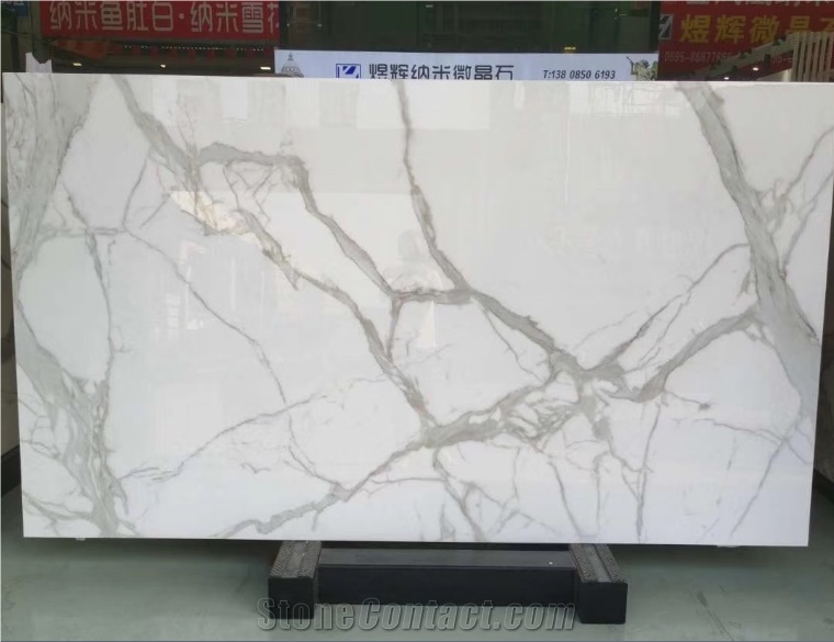 Nano Calacatta White Glass Crystallized Stone Tile Pattern Commercial Office Wall Floor Design