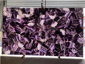 Purple Ice Crystal Agate Stone Slab, Backlit Gemstone Wall Panel