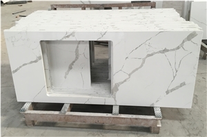 White Calacatta Quartz Stone Kitchen Countertop Customized