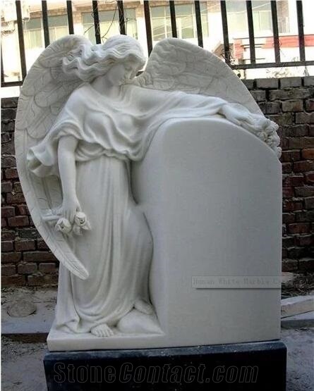 White Marble Handcarving Weeping Angel Cross Headstone / Tombstone