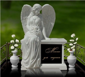 White Marble Handcarving Weeping Angel Cross Headstone / Tombstone