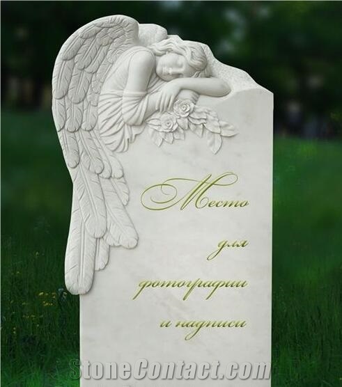 White Marble Mourning Engraved Angel Tombstone