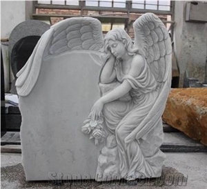 White Marble Mourning Wings Angel Flower Engraved Tombstone / Headstone