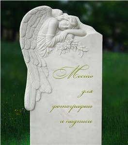 White Marble Mourning Wings Angel Flower Engraved Tombstone / Headstone