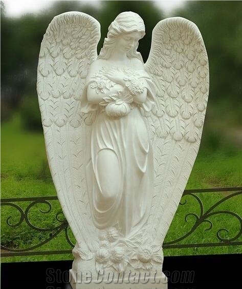 White Marble Weeping Angel Engraved Tombstone / Gravestone