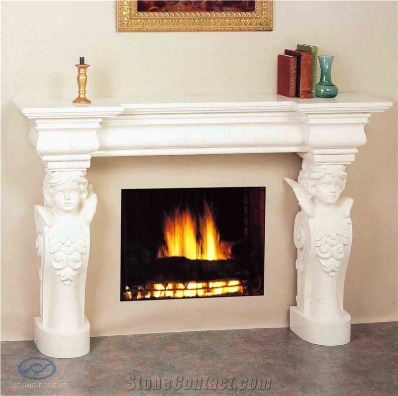 Pure White Marble Fireplace Mantel Angel Column Handcarved