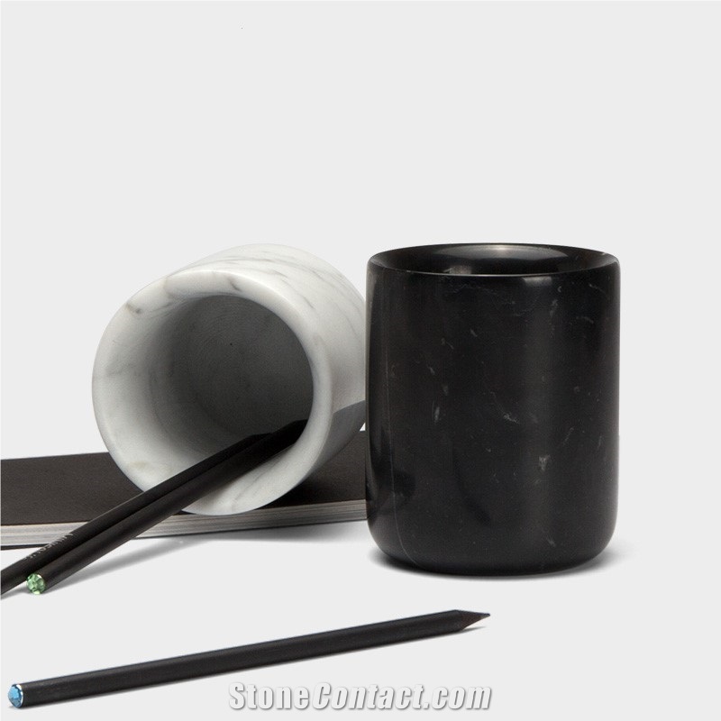 Carrara White Stone Pen Holder Office Pot & Vase