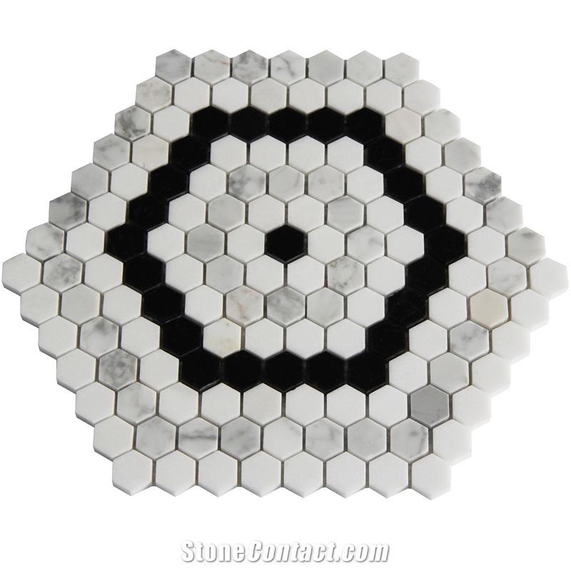 Black Oriental White Hexagon Mosaic Tiles