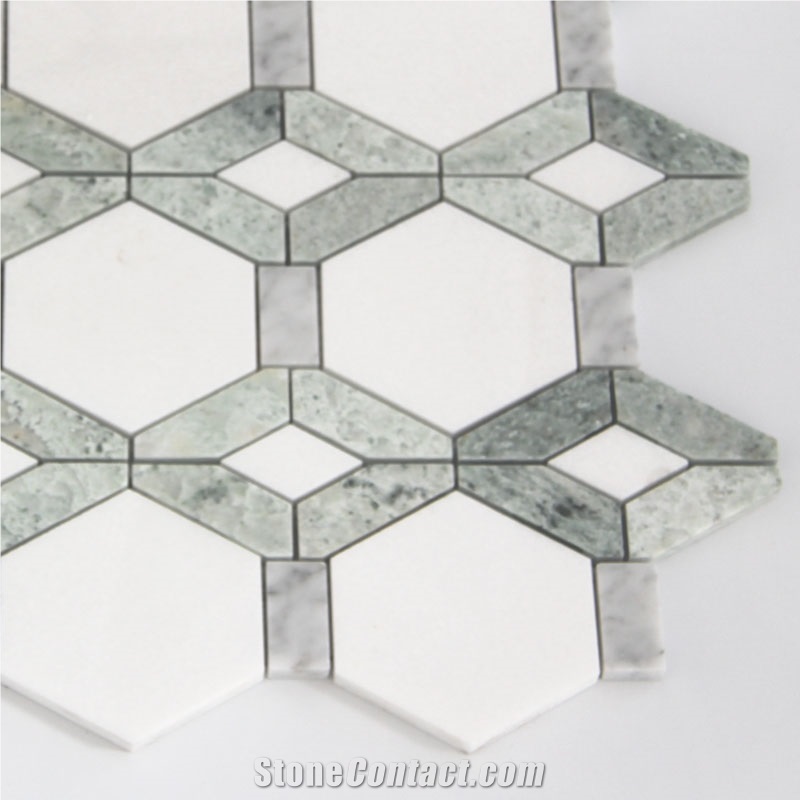 Thassos White Mix Ming Green Hexagon Mosaic Tiles
