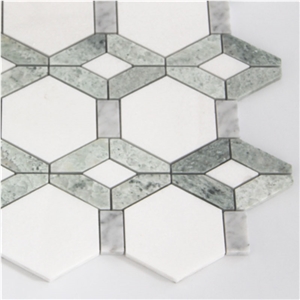 Thassos White Mix Ming Green Hexagon Mosaic Tiles