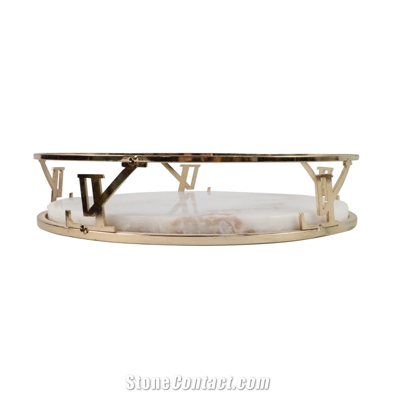 White Round Marble Serving Tray with Gold Surround