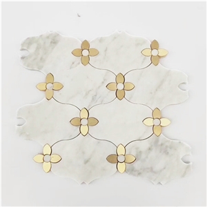 White with Gold Flower Water Jet Mosaic Marble