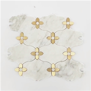 White with Gold Flower Water Jet Mosaic Marble