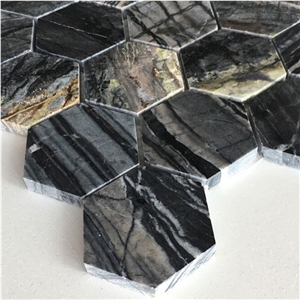 Black Forest Wooden Marble Hexagon Mosaic Design