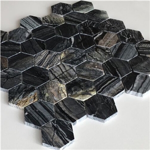 Black Forest Wooden Marble Hexagon Mosaic Design