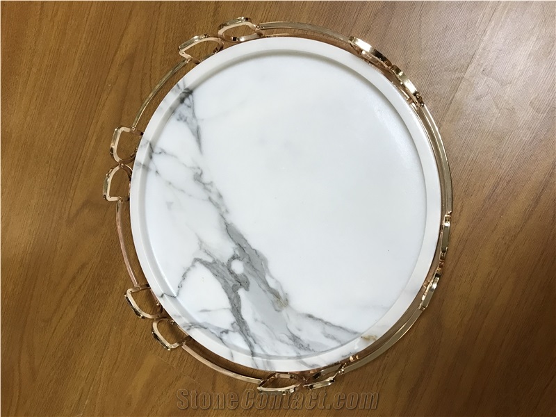 Marble Tray with Metal Holder, Calacatta