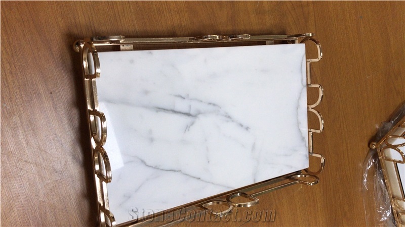 Marble Tray with Metal Holder, Calacatta