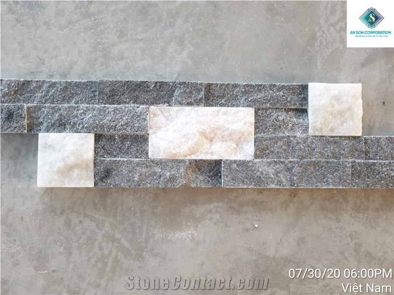 Vietnam Natural Material Stone Veneer, New Black and White Marble Wall Panel 15x60cmx1,5cm Ledge Stone