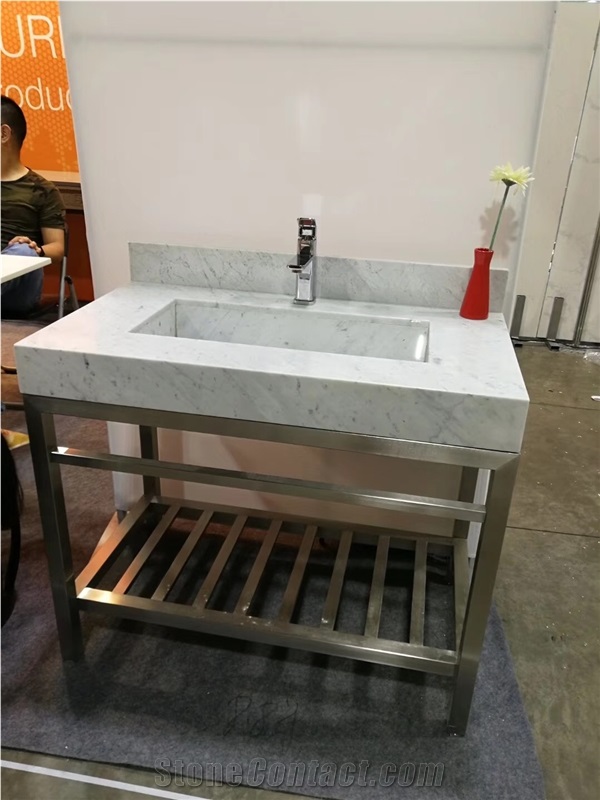 Bianco Carrara Marble Hotel Vanity Top with Sinks