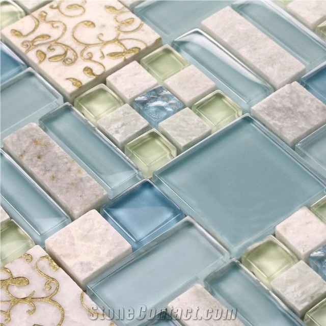 White Limestone Mix Crystal Glass Mosaic Panel