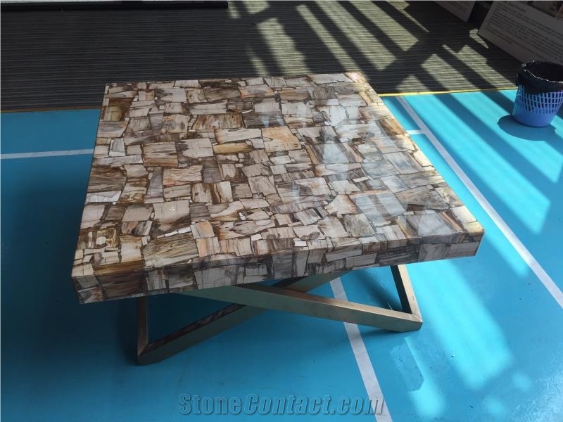 Yellow Fossil Petrified Wood Polished Reception Table