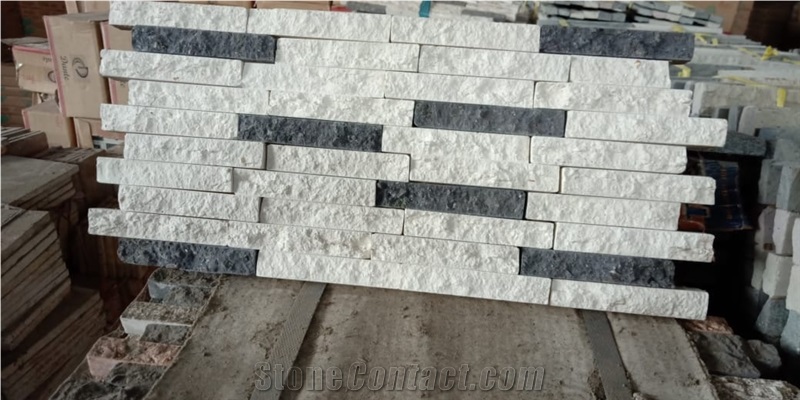 Well Cladding Random White and Plain Black Stone Mosaic
