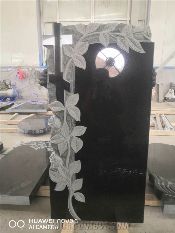 Pure Black Granite Carved Monument Tombstone