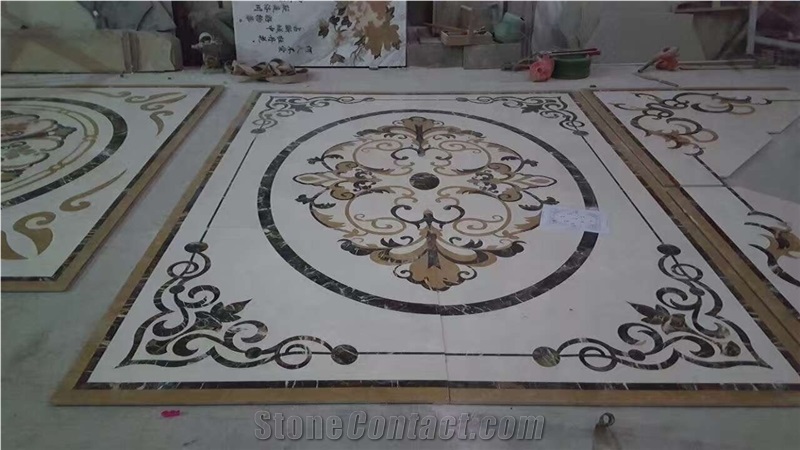 Beige Marble Mix Silver Dragon Rectangle Floor Medallion