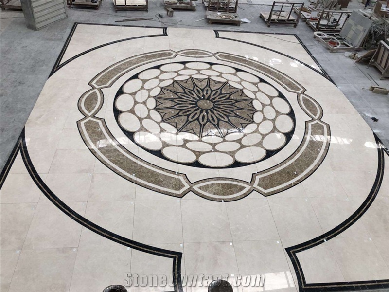 Bianco Dolomite Mix Portoro Marble Round Lobby Floor Medallion