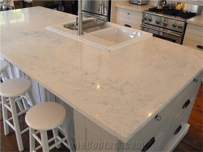 Carrara White Quartz Kitchen Prefab Cut Slab