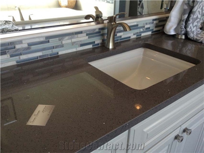 Crystal Brown Mirror Glass Quartz Stone Kitchen Slab