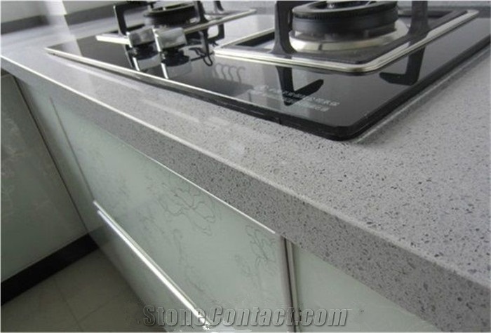 Crystal Grey Quartz Stone Kitchen Slab Prefab Design