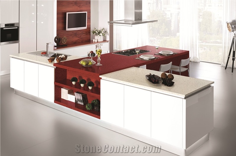 Crystal Red Quartz Stone Slab for Commercial Kitchen Design