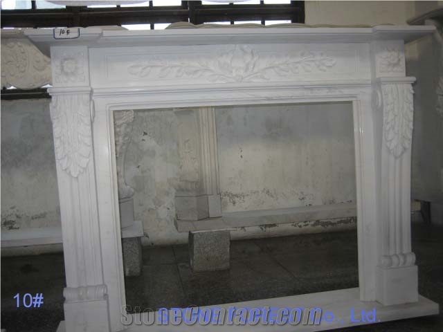 Flower Engraving Design Fireplace-White Marble Made