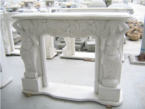 Flower Engraving Design Fireplace-White Marble Made